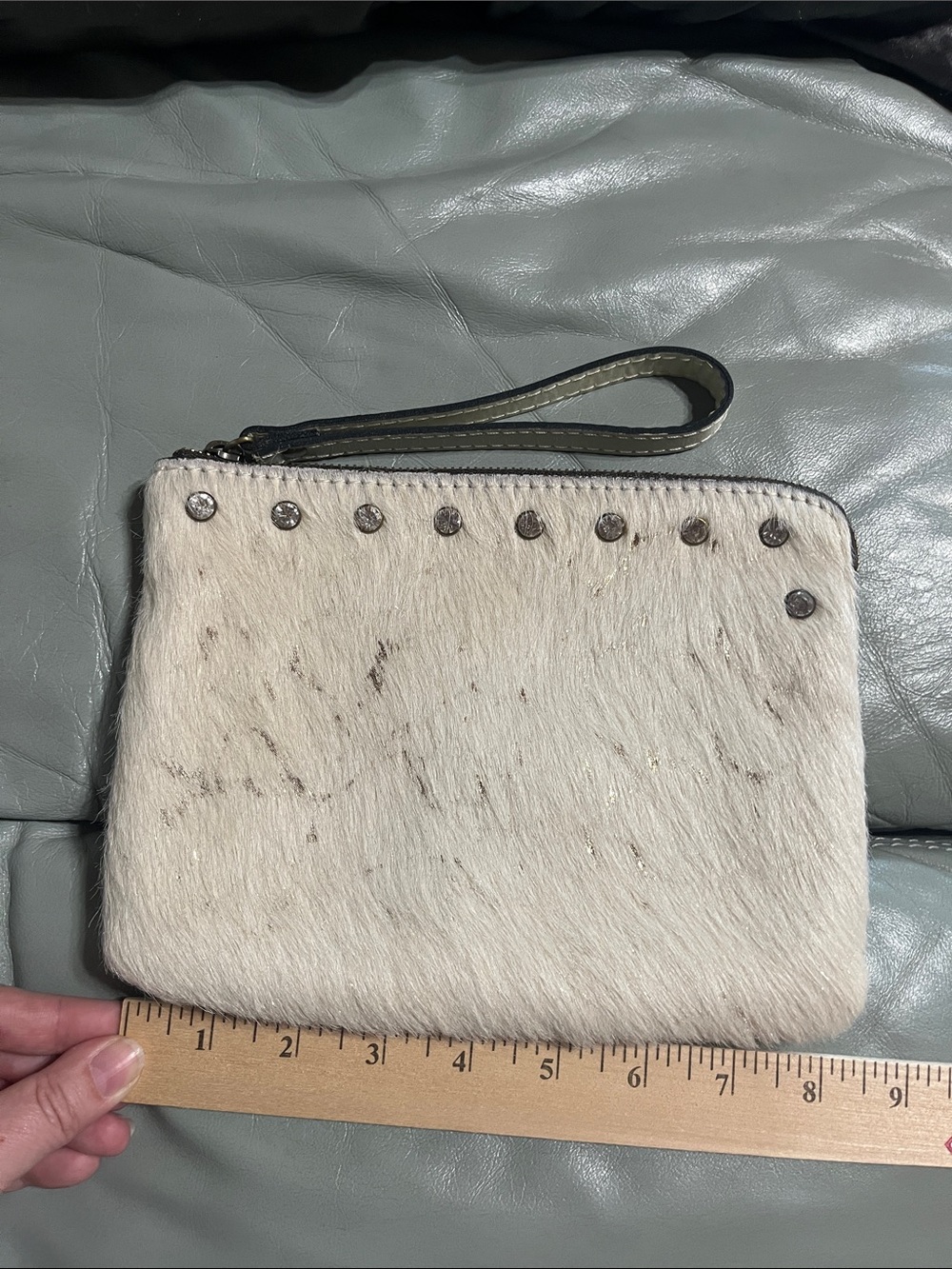 White Haircalf Wristlet Clutch with Stud Detailing